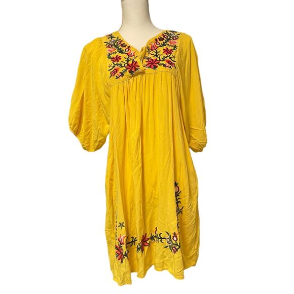 Yellow V Neck Knee Length Short Sleeve Shift Dress with Pink and Red Flowers XL - Picture 1 of 4